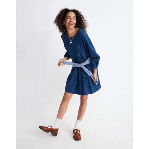 Madewell Windowpane Denim Mini Dress in Lunar Wash - Picture 1 of 9